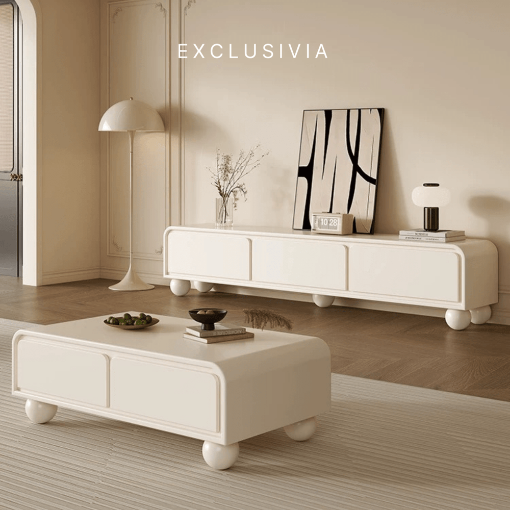 NOVA Cream Lacquer TV Console & Coffee Table Set - Exclusivia
