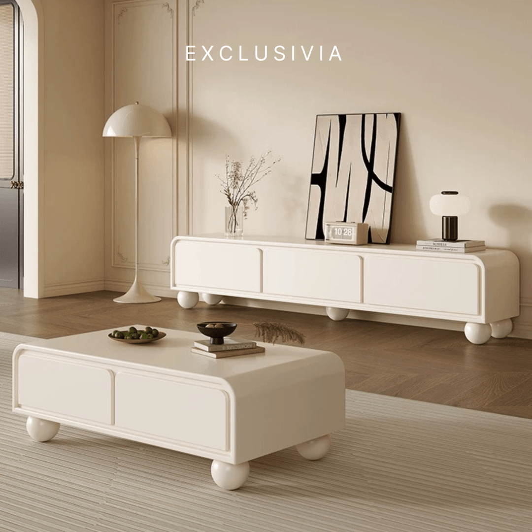 NOVA Cream Lacquer TV Console & Coffee Table Set - Exclusivia