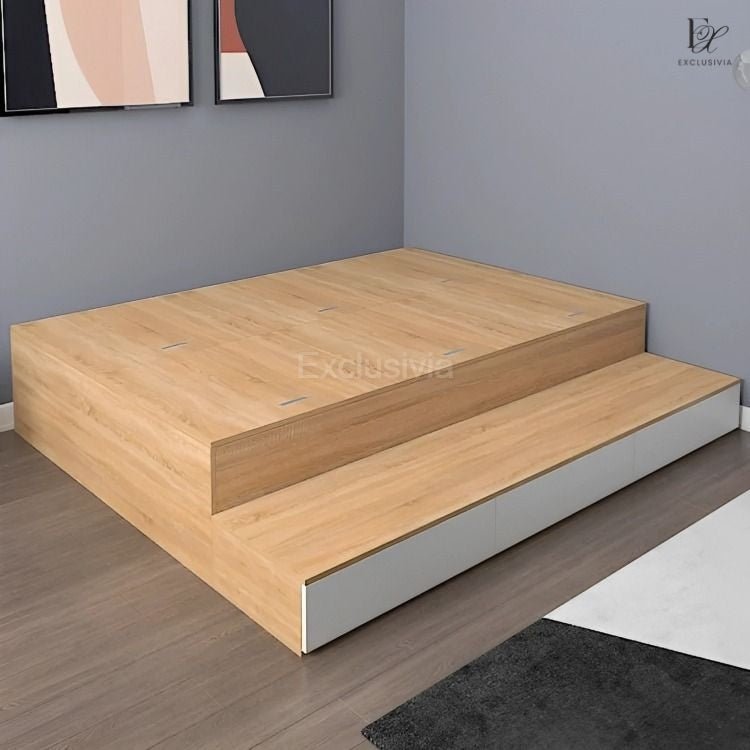 OKAZAKI Platform Storage Bed, drawers, Cupboard, Cabinet - Exclusivia