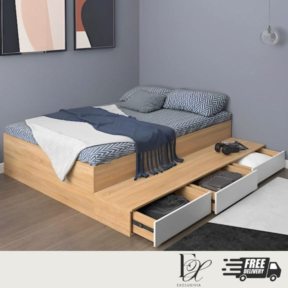 OKAZAKI Platform Storage Bed, drawers, Cupboard, Cabinet - Exclusivia