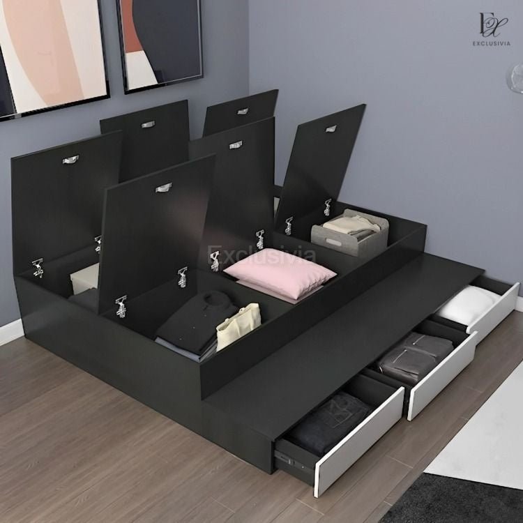 OKAZAKI Platform Storage Bed, drawers, Cupboard, Cabinet - Exclusivia