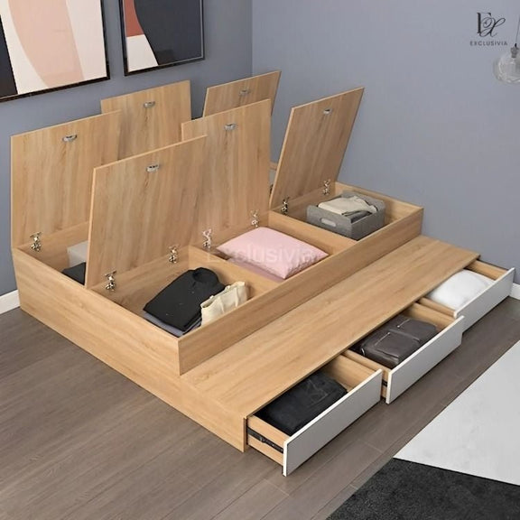 OKAZAKI Platform Storage Bed, drawers, Cupboard, Cabinet - Exclusivia