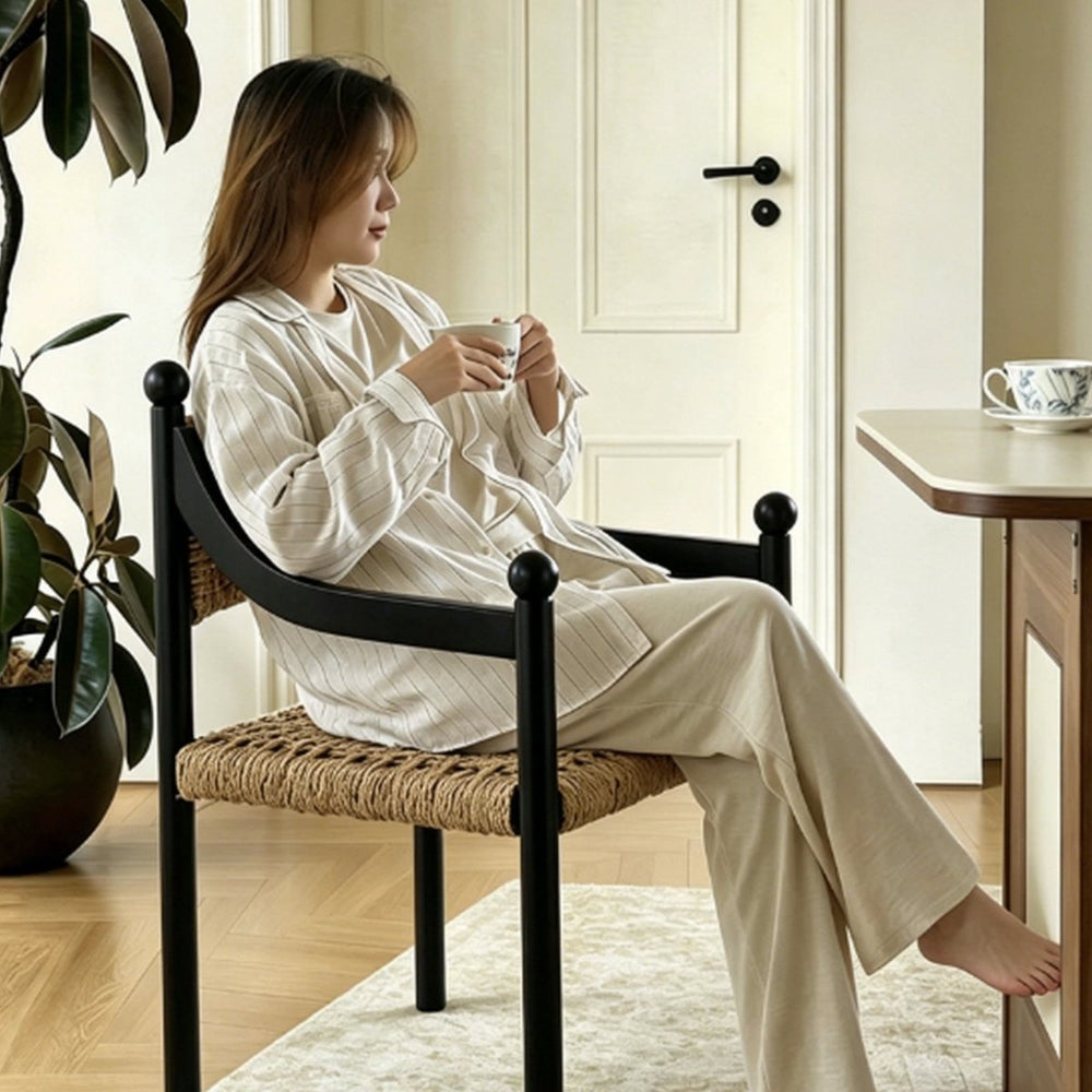 RIVANA Rustic Rattan Solid Wood Dining Chair - Exclusivia