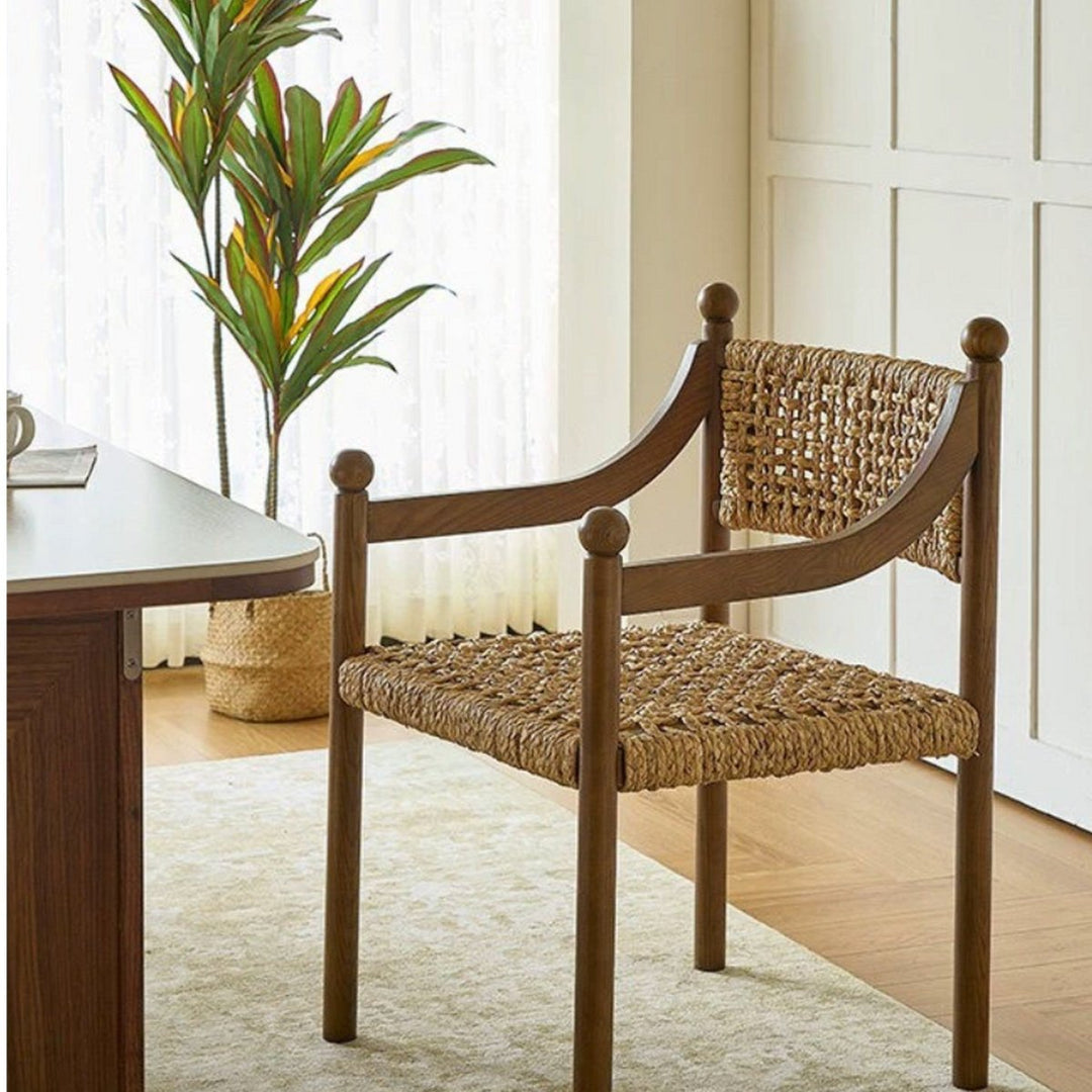 RIVANA Rustic Rattan Solid Wood Dining Chair - Exclusivia