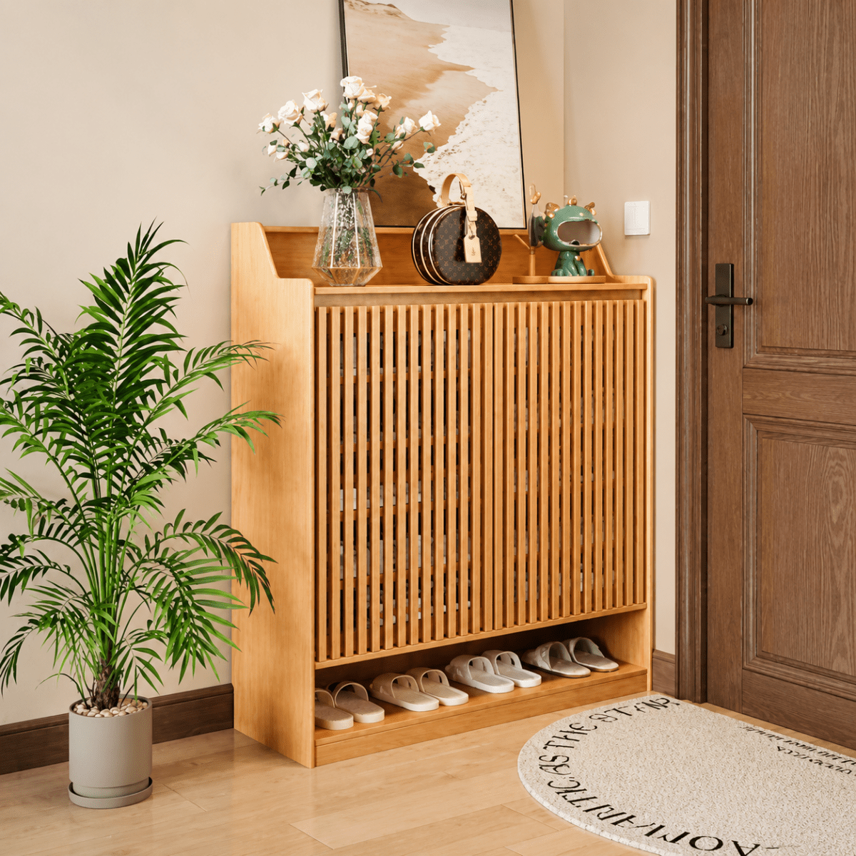 Rowan Solid Wood Fluted Shoe Cabinet - Exclusivia