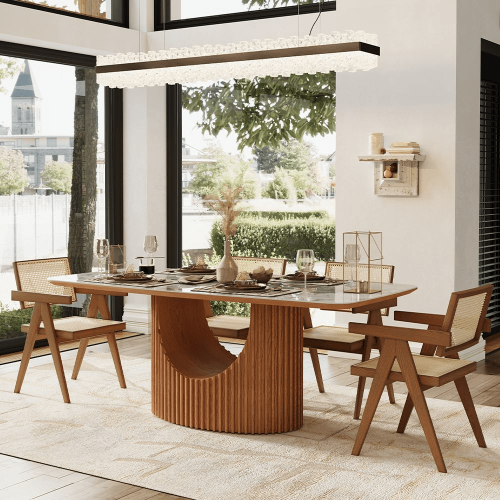 Silva Rectangular Glossy Sintered Stone & Walnut Wood Dining Table - Exclusivia