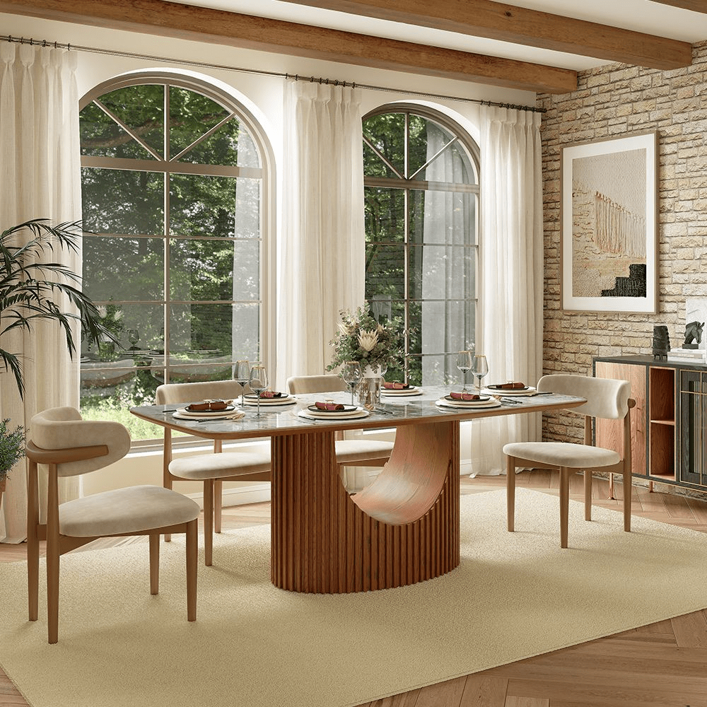 Silva Rectangular Glossy Sintered Stone & Walnut Wood Dining Table - Exclusivia