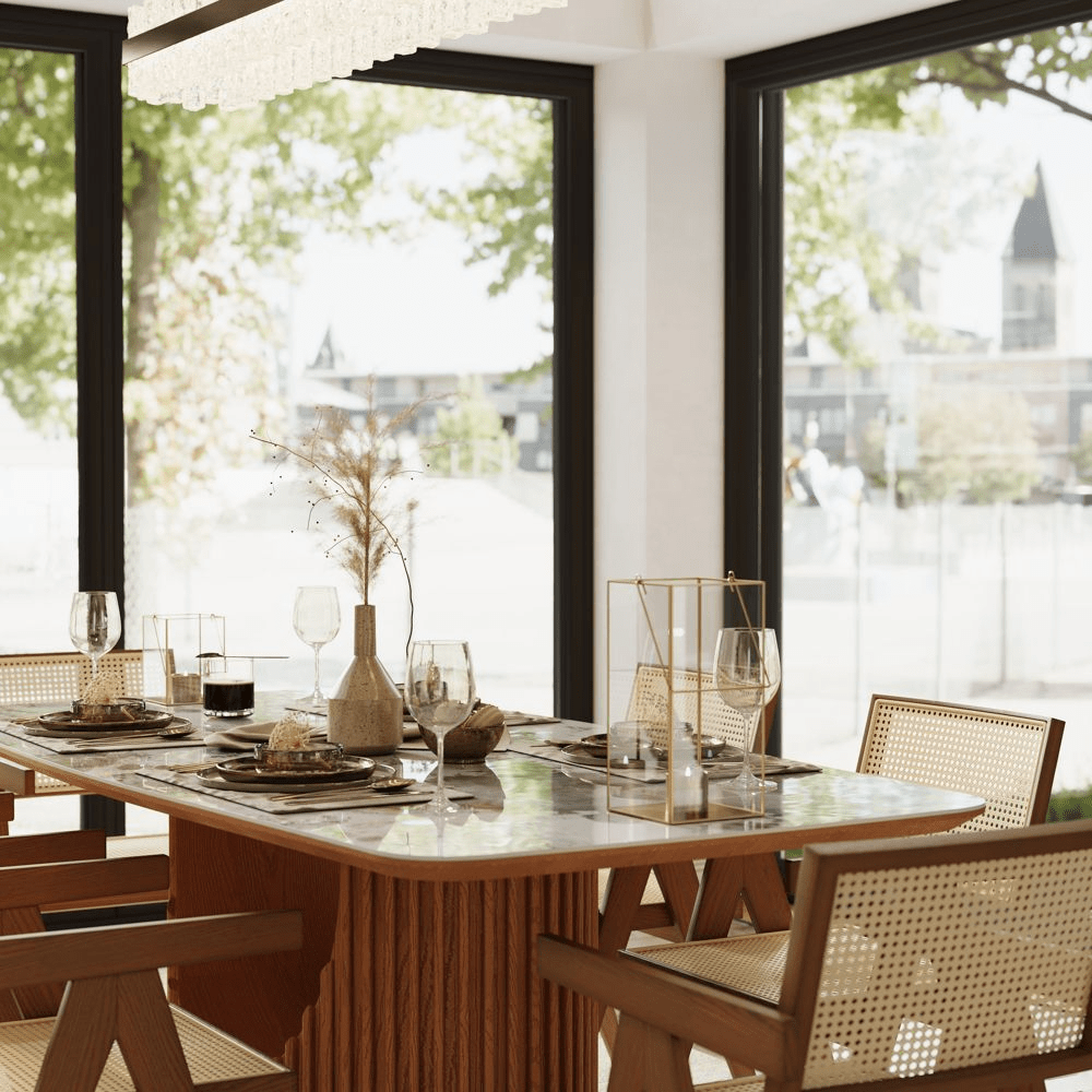 Silva Rectangular Glossy Sintered Stone & Walnut Wood Dining Table - Exclusivia