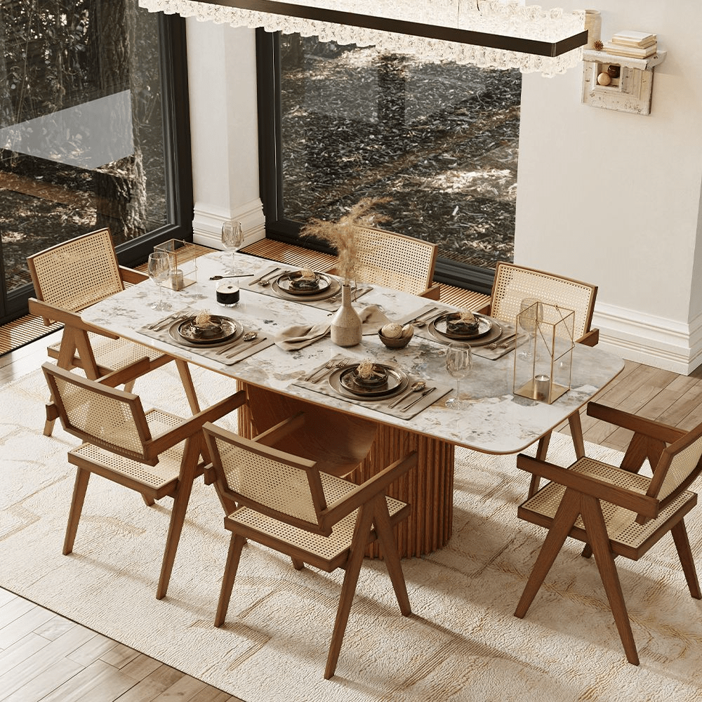 Silva Rectangular Glossy Sintered Stone & Walnut Wood Dining Table - Exclusivia