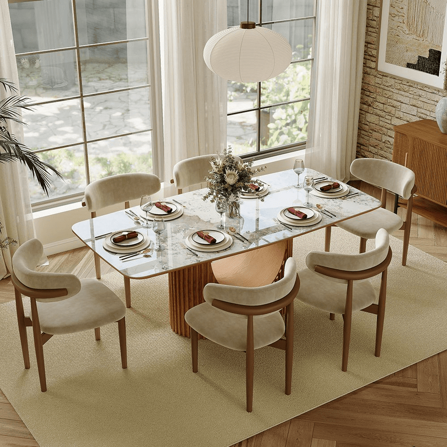 Silva Rectangular Glossy Sintered Stone & Walnut Wood Dining Table - Exclusivia