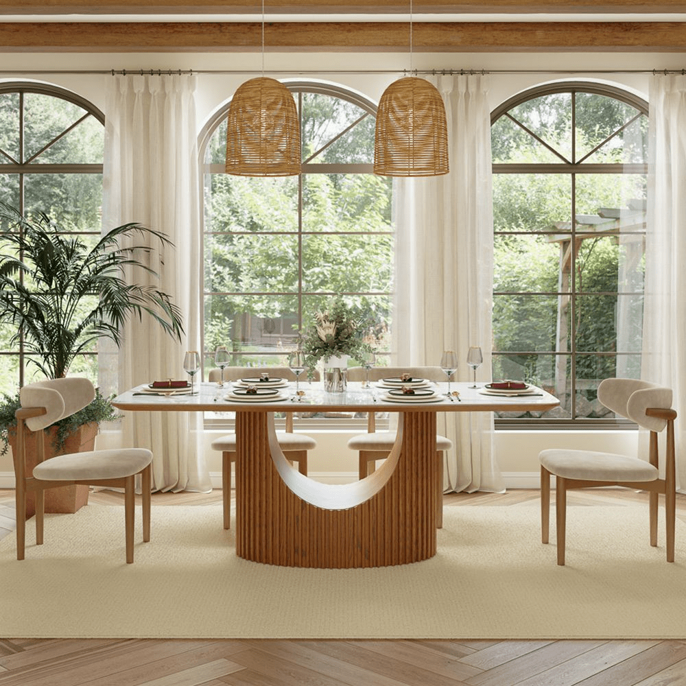 Silva Rectangular Glossy Sintered Stone & Walnut Wood Dining Table - Exclusivia