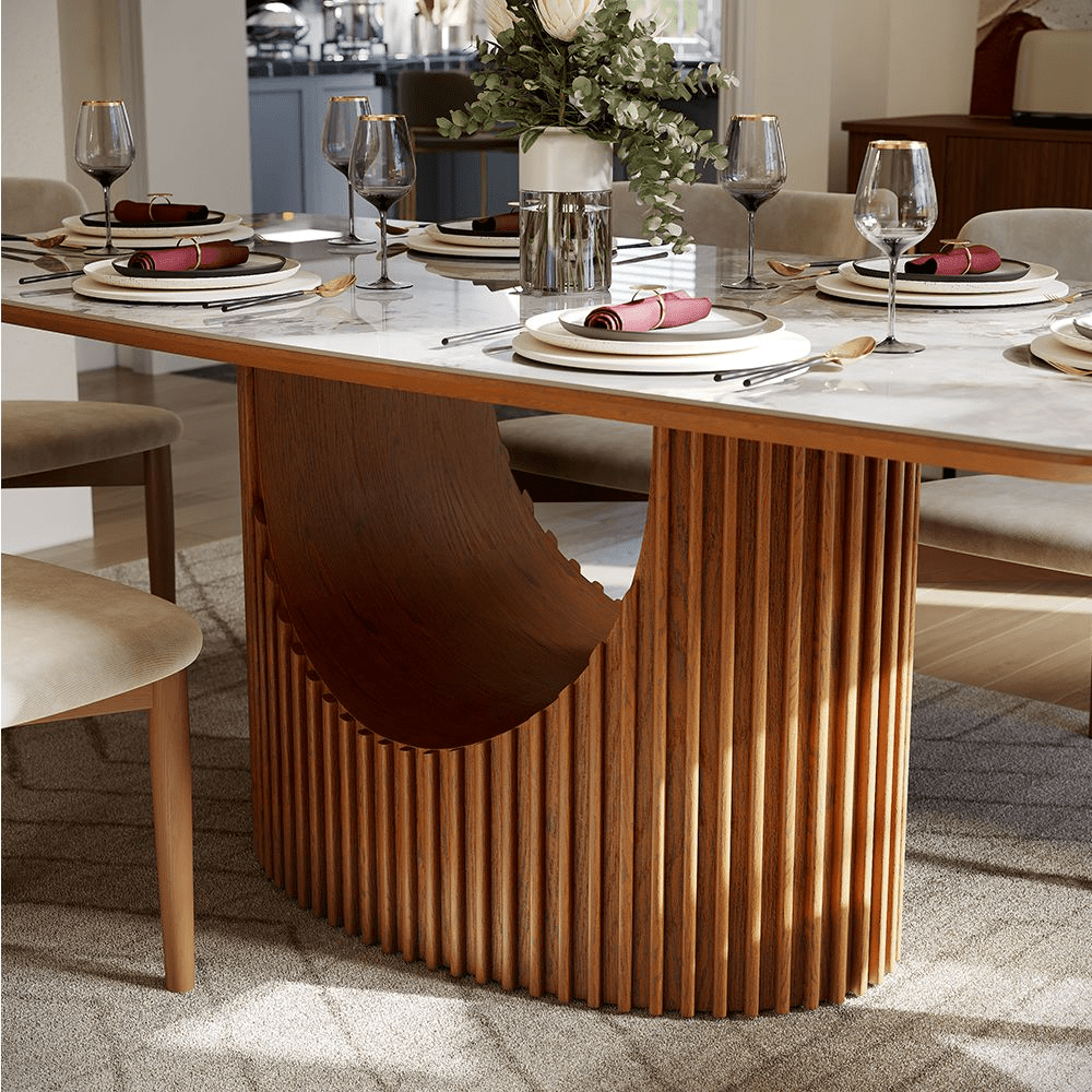 Silva Rectangular Glossy Sintered Stone & Walnut Wood Dining Table - Exclusivia