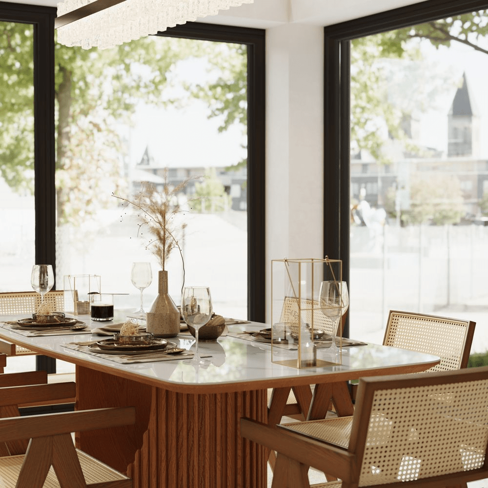 Silva Rectangular Glossy Sintered Stone & Walnut Wood Dining Table - Exclusivia