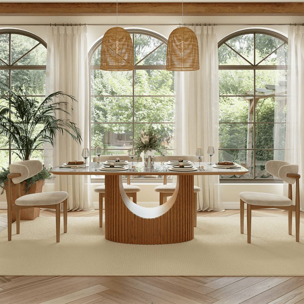 Silva Rectangular Glossy Sintered Stone & Walnut Wood Dining Table - Exclusivia