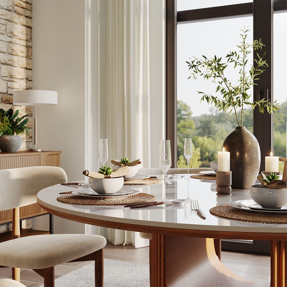 Silva Round Glossy Sintered Stone & Walnut Wood Dining Table - Exclusivia