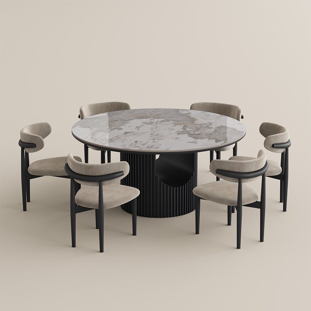 Silva Round Glossy Sintered Stone & Walnut Wood Dining Table - Exclusivia