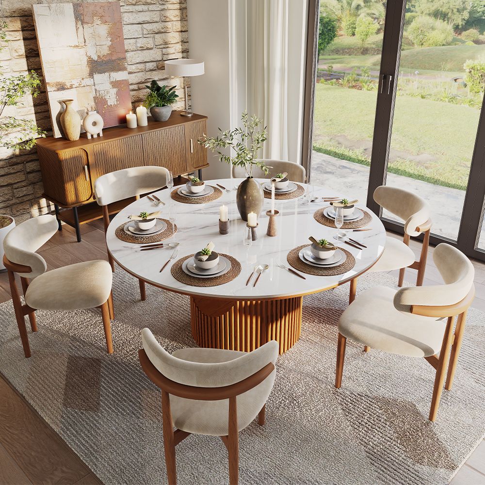Silva Round Glossy Sintered Stone & Walnut Wood Dining Table - Exclusivia