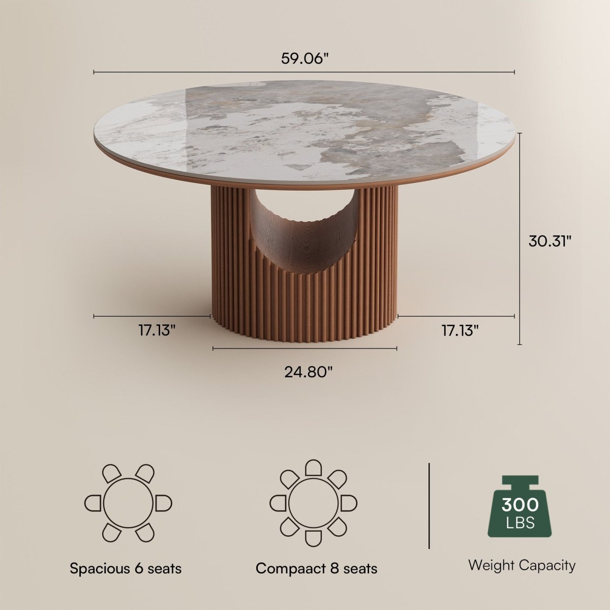 Silva Round Glossy Sintered Stone & Walnut Wood Dining Table - Exclusivia