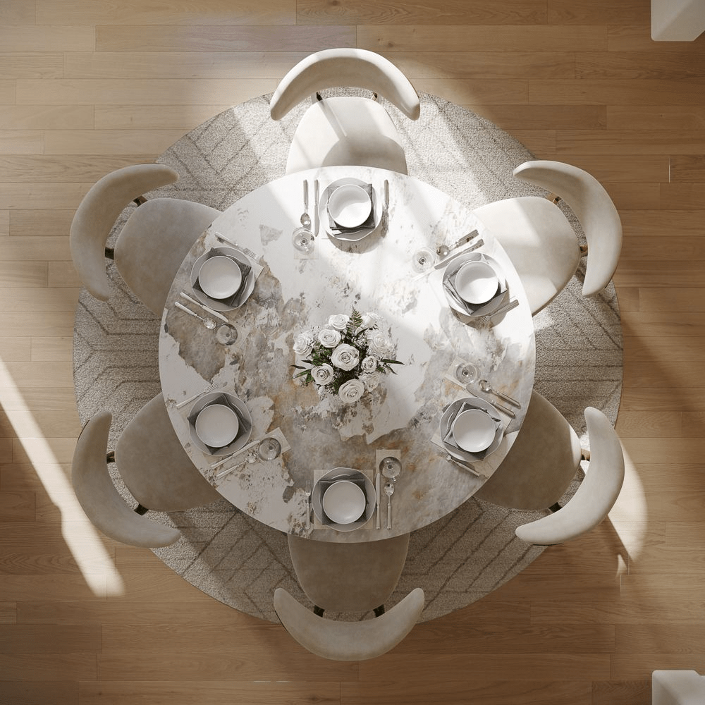 Silva Round Glossy Sintered Stone & Walnut Wood Dining Table - Exclusivia