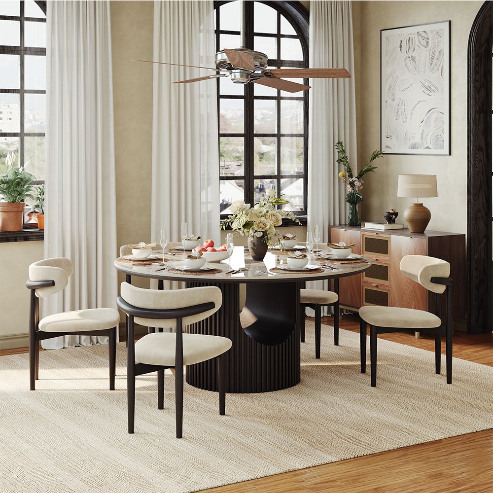 Silva Round Glossy Sintered Stone & Walnut Wood Dining Table - Exclusivia
