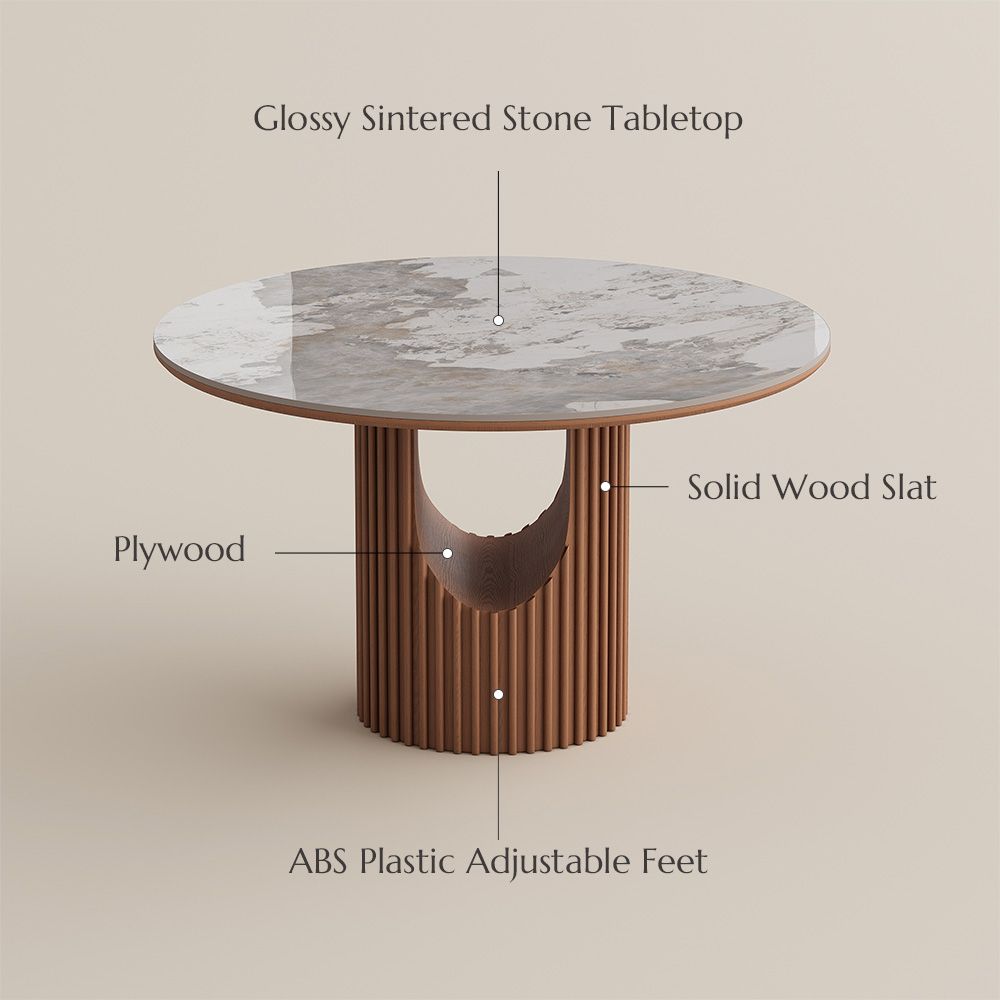 Silva Round Glossy Sintered Stone & Walnut Wood Dining Table - Exclusivia