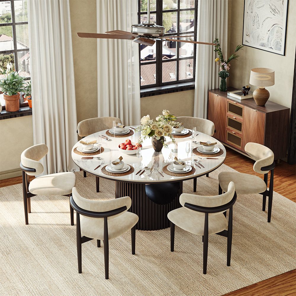 Silva Round Glossy Sintered Stone & Walnut Wood Dining Table - Exclusivia