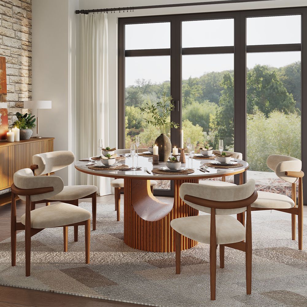 Silva Round Glossy Sintered Stone & Walnut Wood Dining Table - Exclusivia
