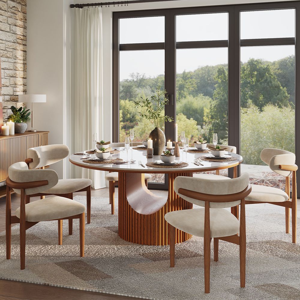 Silva Round Glossy Sintered Stone & Walnut Wood Dining Table - Exclusivia