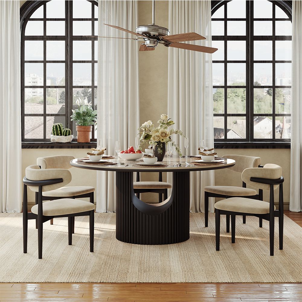 Silva Round Glossy Sintered Stone & Walnut Wood Dining Table - Exclusivia
