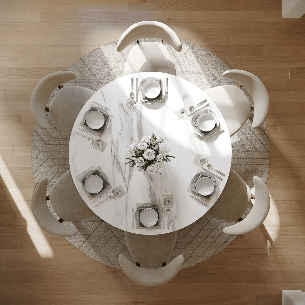 Silva Round Glossy Sintered Stone & Walnut Wood Dining Table - Exclusivia