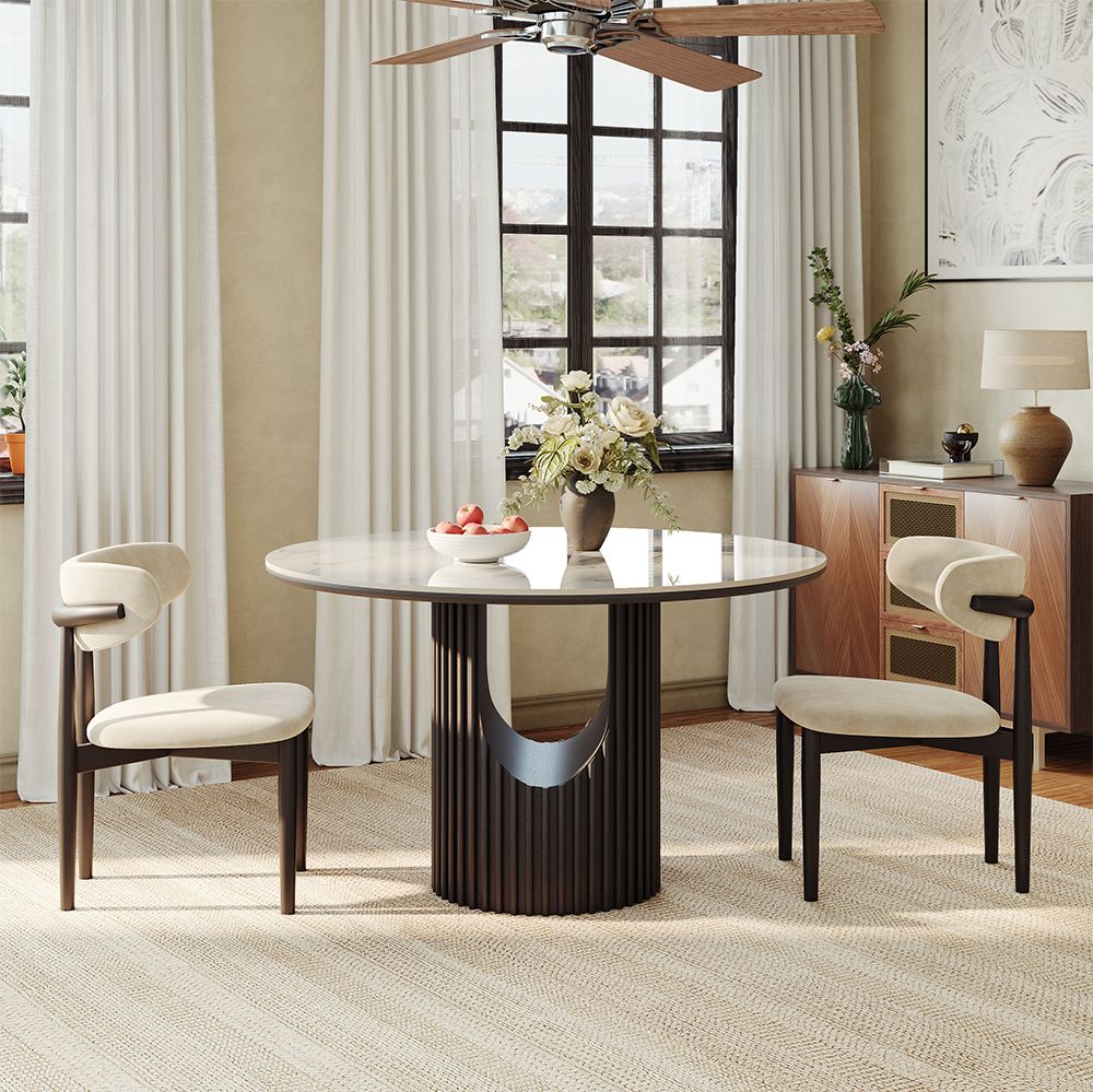Silva Round Glossy Sintered Stone & Walnut Wood Dining Table - Exclusivia