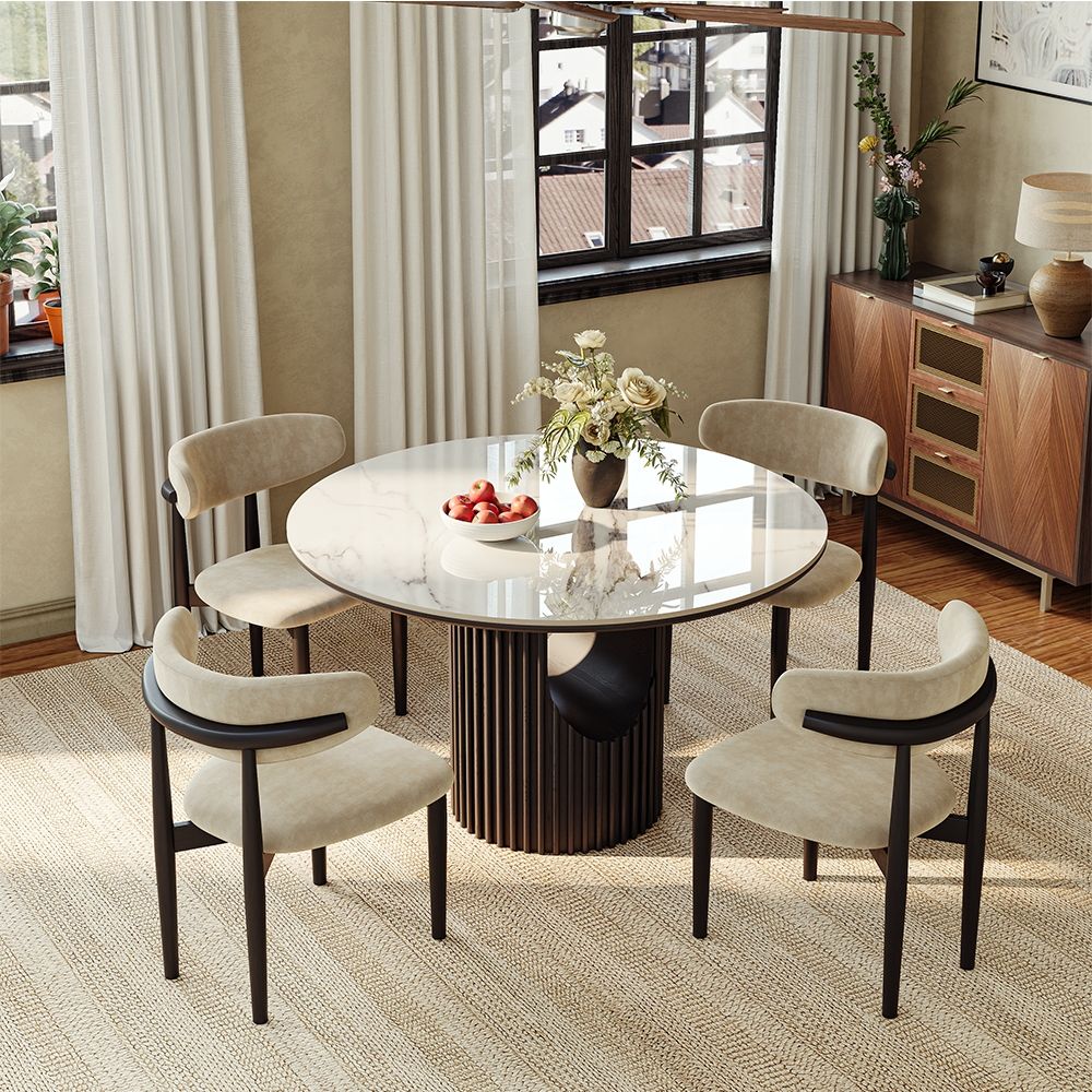 Silva Round Glossy Sintered Stone & Walnut Wood Dining Table - Exclusivia