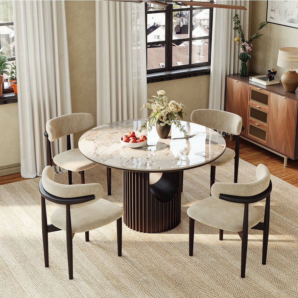 Silva Round Glossy Sintered Stone & Walnut Wood Dining Table - Exclusivia