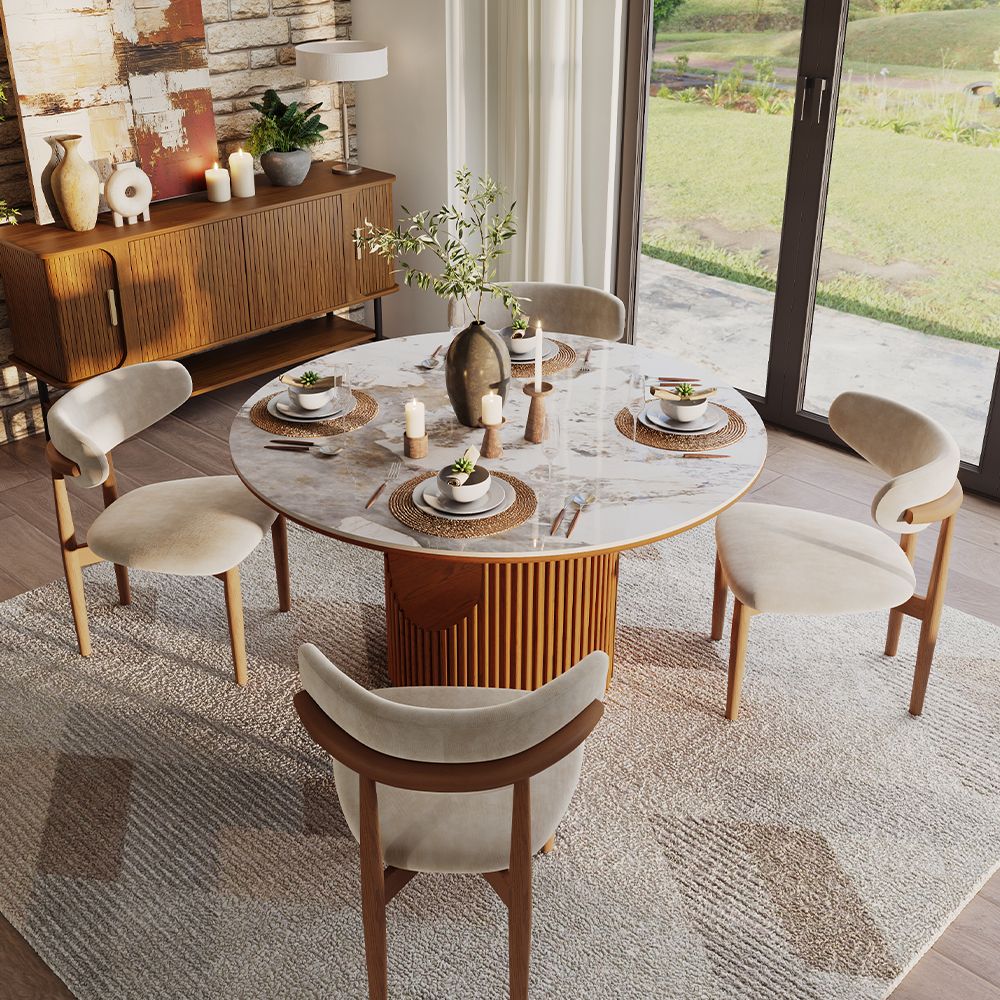 Silva Round Glossy Sintered Stone & Walnut Wood Dining Table - Exclusivia
