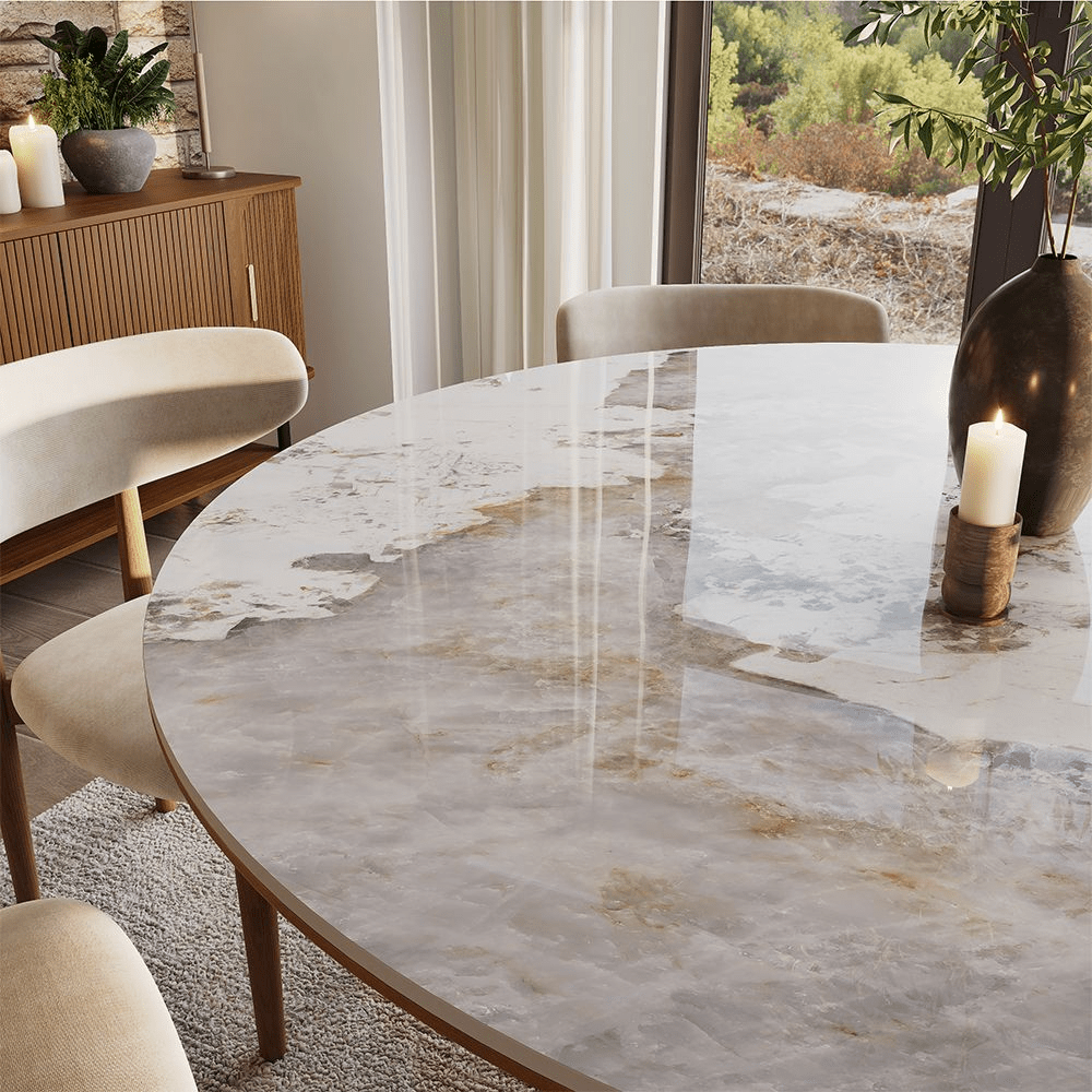 Silva Round Glossy Sintered Stone & Walnut Wood Dining Table - Exclusivia