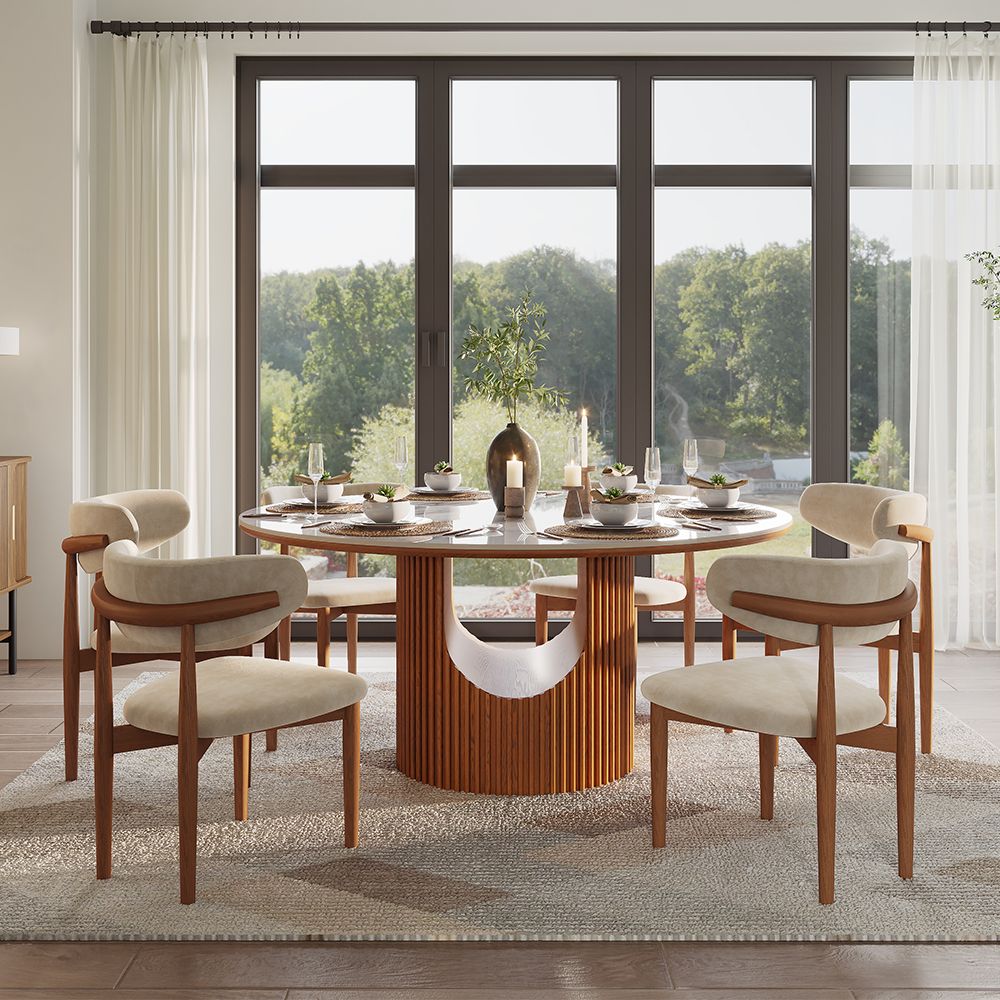 Silva Round Glossy Sintered Stone & Walnut Wood Dining Table - Exclusivia