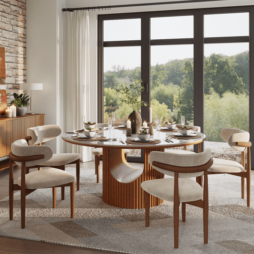 Silva Round Glossy Sintered Stone & Walnut Wood Dining Table - Exclusivia
