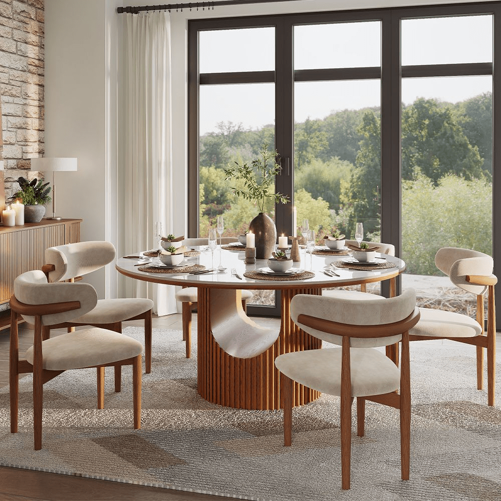 Silva Round Glossy Sintered Stone & Walnut Wood Dining Table - Exclusivia