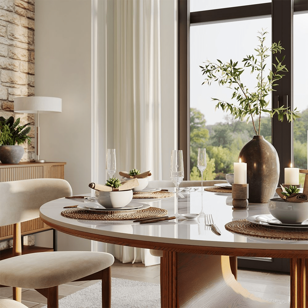 Silva Round Glossy Sintered Stone & Walnut Wood Dining Table - Exclusivia