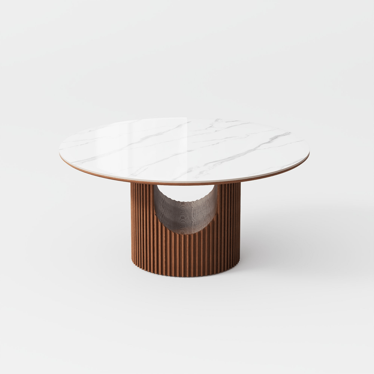Silva Round Glossy Sintered Stone & Walnut Wood Dining Table - Exclusivia