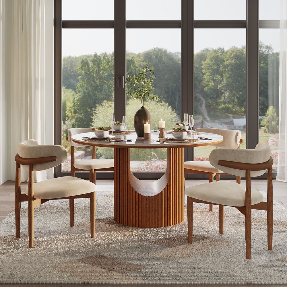 Silva Round Glossy Sintered Stone & Walnut Wood Dining Table - Exclusivia