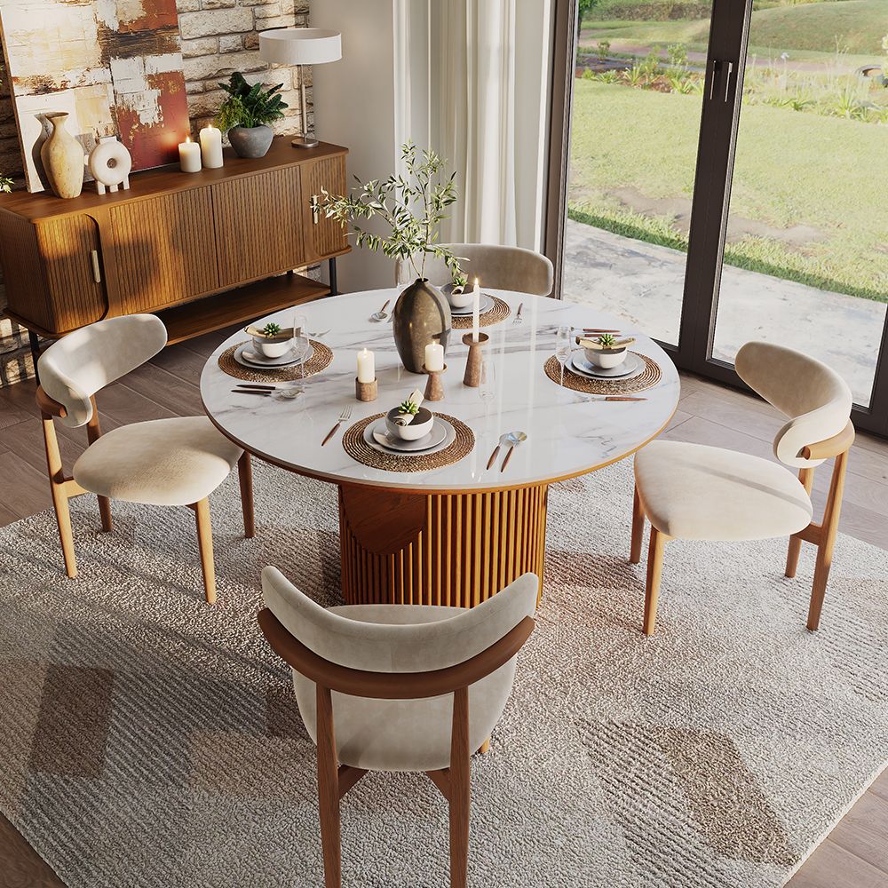 Silva Round Glossy Sintered Stone & Walnut Wood Dining Table - Exclusivia