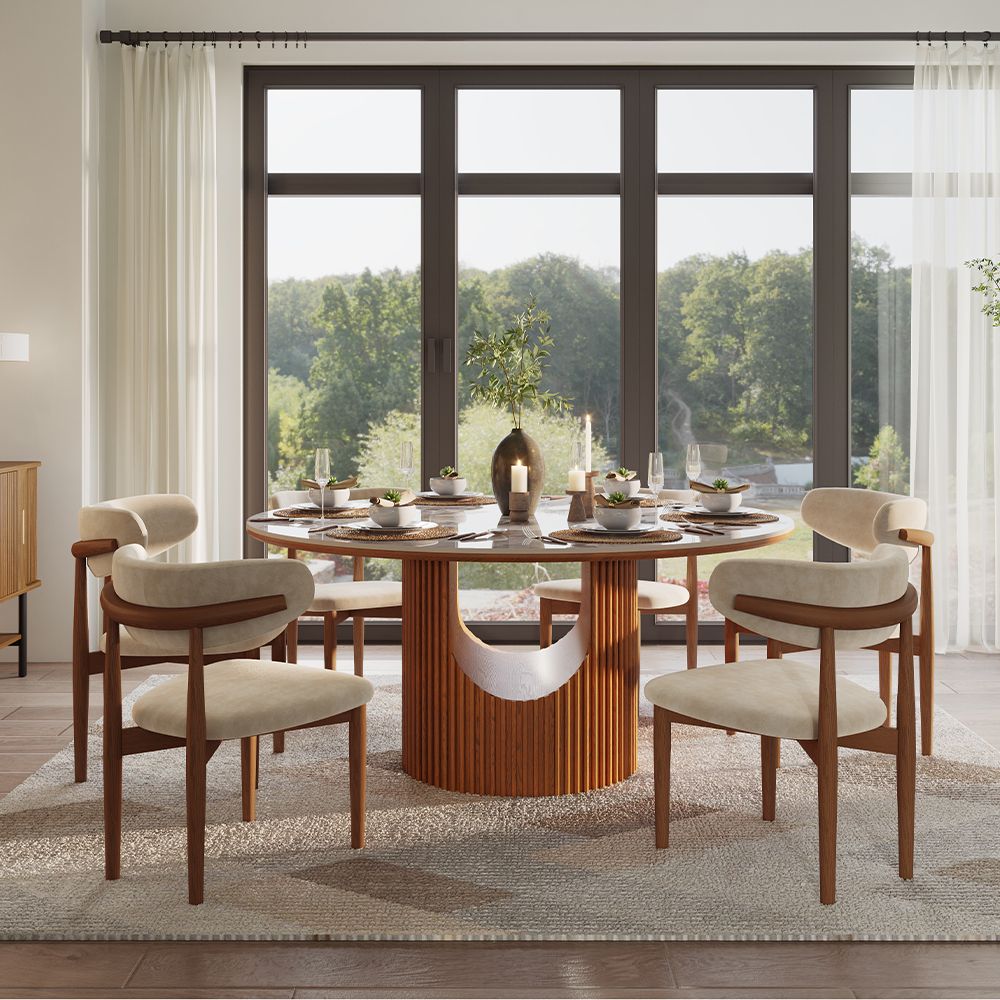 Silva Round Glossy Sintered Stone & Walnut Wood Dining Table - Exclusivia