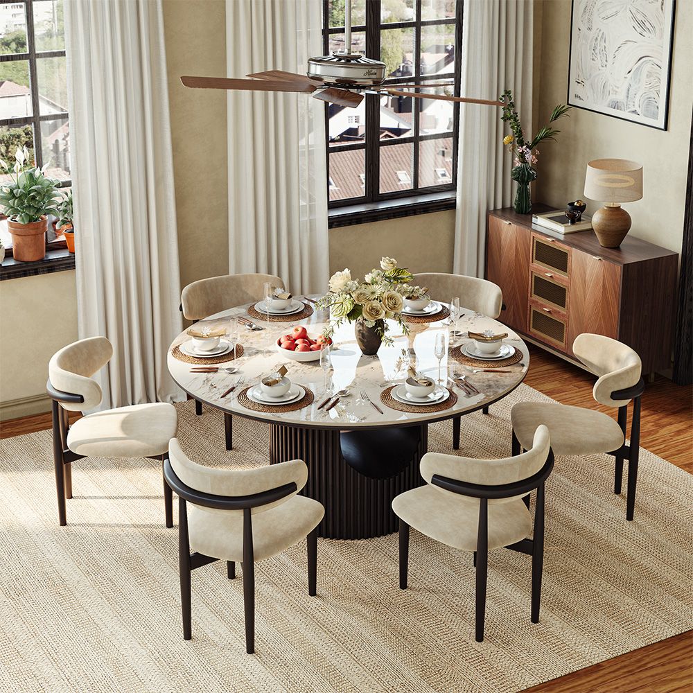 Silva Round Glossy Sintered Stone & Walnut Wood Dining Table - Exclusivia