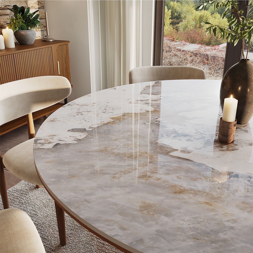 Silva Round Glossy Sintered Stone & Walnut Wood Dining Table - Exclusivia
