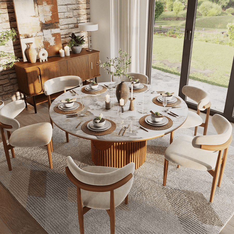 Silva Round Glossy Sintered Stone & Walnut Wood Dining Table - Exclusivia