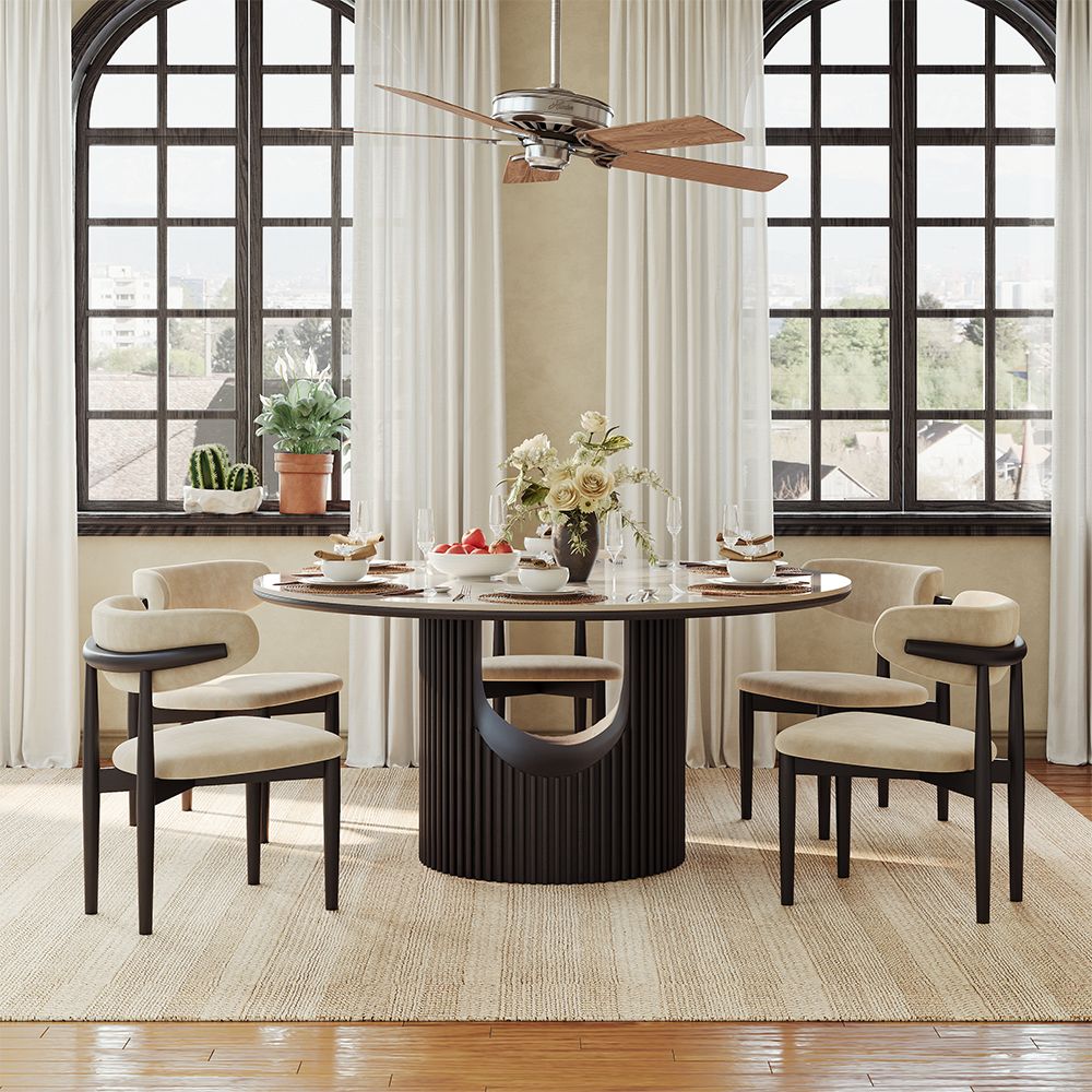 Silva Round Glossy Sintered Stone & Walnut Wood Dining Table - Exclusivia