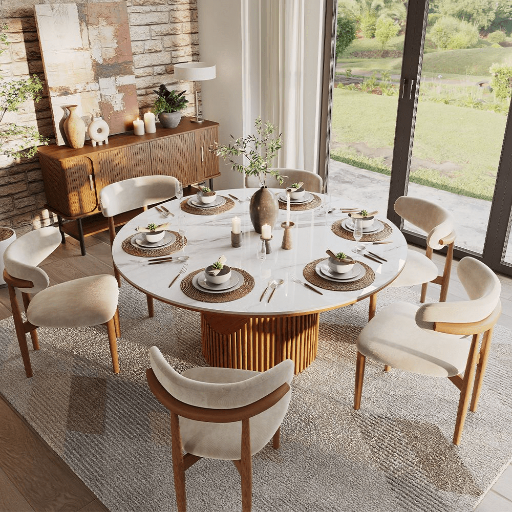 Silva Round Glossy Sintered Stone & Walnut Wood Dining Table - Exclusivia