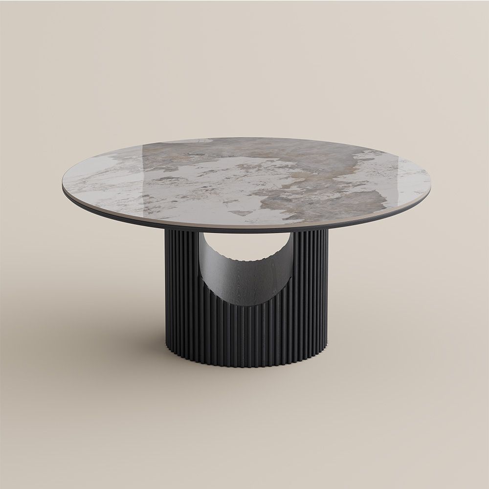 Silva Round Glossy Sintered Stone & Walnut Wood Dining Table - Exclusivia