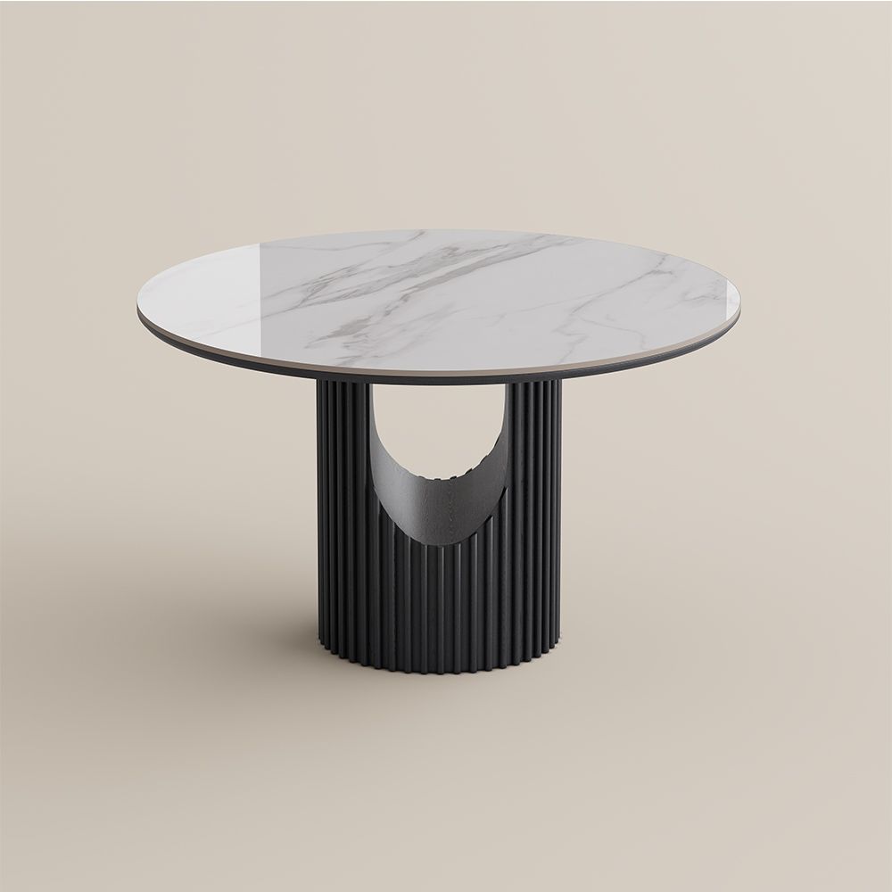 Silva Round Glossy Sintered Stone & Walnut Wood Dining Table - Exclusivia